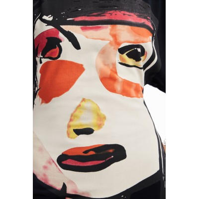 Elegáns, nőies, fekete mini pólóruha, művészi arckép-mintával.