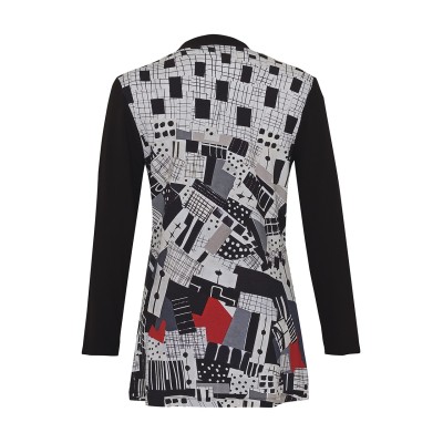 Stílusos, hosszú ujjú, elöl nyitott kardigán, művészi mintával.