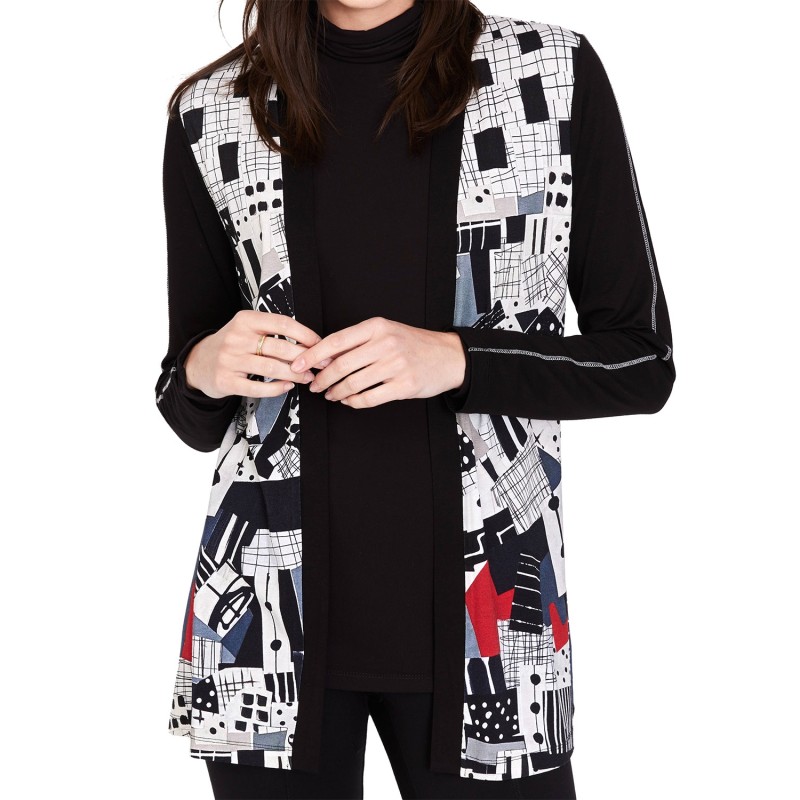 Stílusos, hosszú ujjú, elöl nyitott kardigán, művészi mintával.