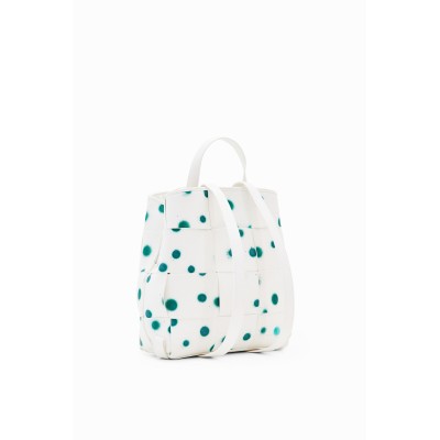 Kisméretű, fehér alapon zöld pöttyös Desigual női hátizsák.